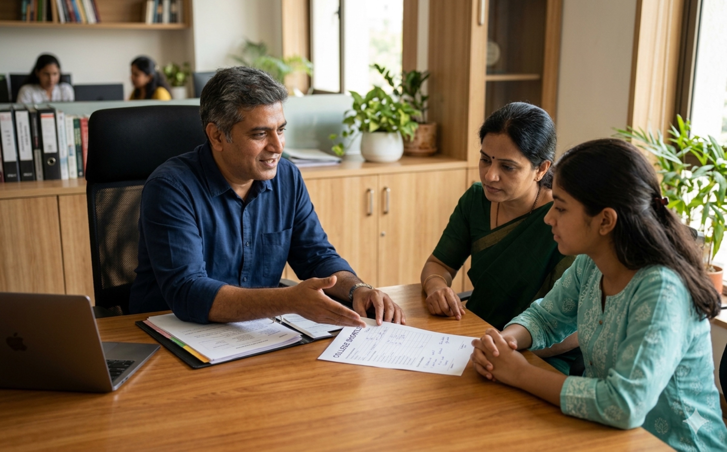 SG counsellor reviewing admission documents with a student family
