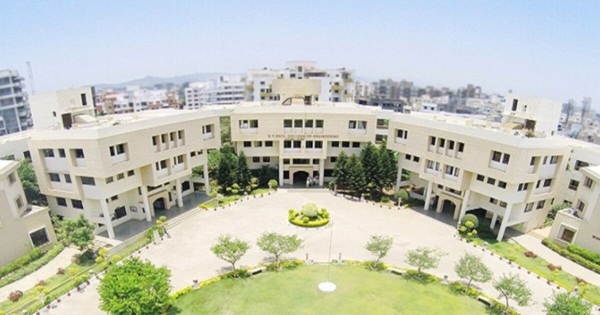 DY Patil College of Engineering Pune — aerial view of the Akurdi campus. One of Pune's top private engineering colleges accepting MHT-CET, JEE Main, PERA-CET and direct management quota B.Tech admission for 2026-27.