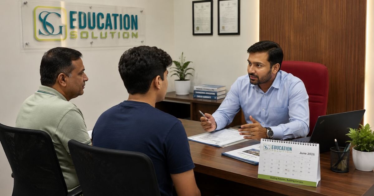 Direct MBBS admission counselling at SG Education's Pune office — a senior counsellor explaining NRI quota and management quota MBBS routes to a parent and student during a 2026-27 admission planning session.