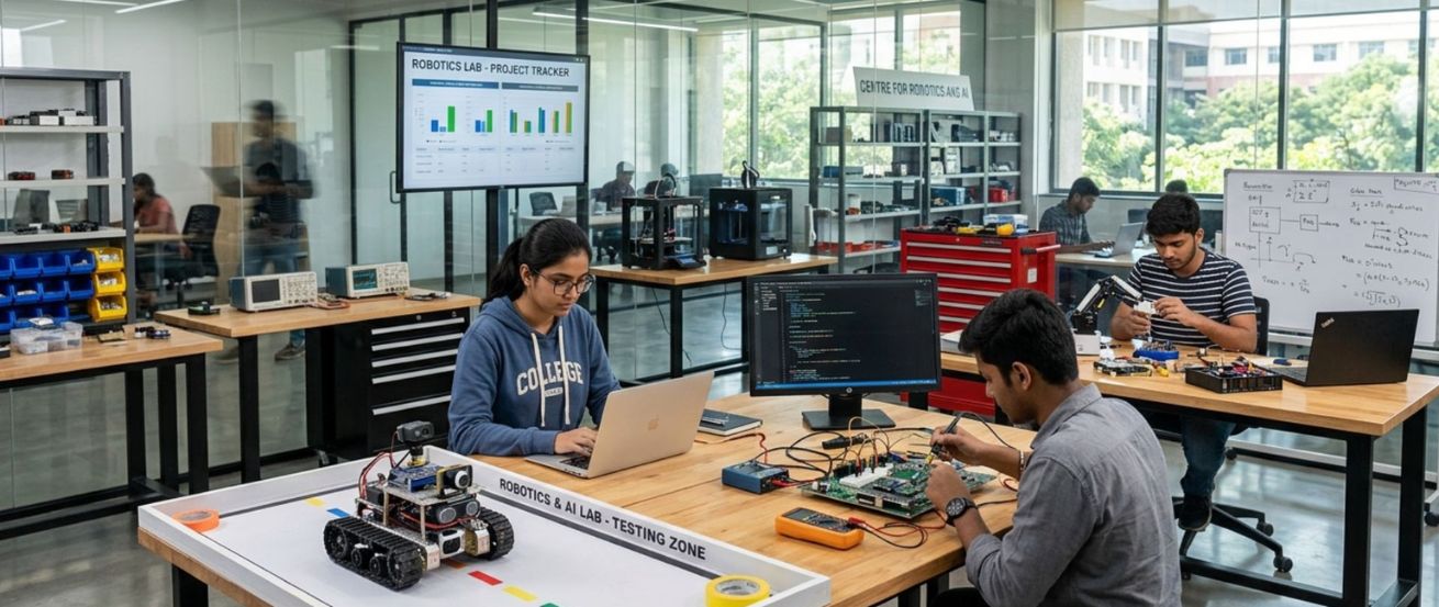 Engineering students in robotics lab